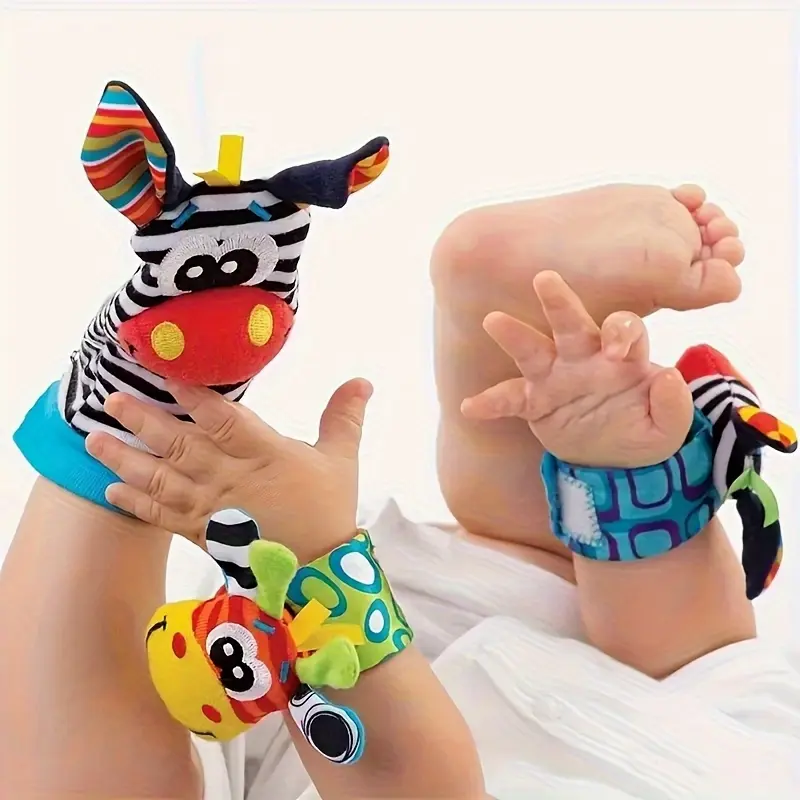 4pcs/2pcs Newborn Toddler Animal Wristband with Rattle, Toddler Rattle Watch with Socks, Toddler Puzzle Color Recognition and Visual Development Toy