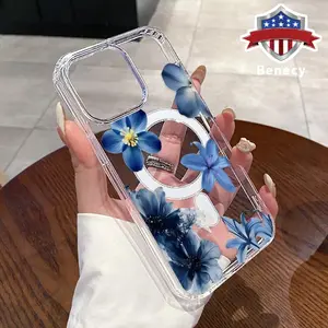 Magnetic Soft Case for iPhone 15 16 14 Pro Max 13 12 11 XR XS Plus E Blue Floral Symphony Pattern Anti-Yellowing Shockproof ultra-thin Silicone Crystal Transparent Acrylic Large Hole Cover Supports Wireless Charging