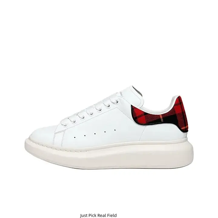Unisex White Chunky Platform Leather Sneakers with Red Black Plaid Heel Patch, low-top casual style, cushioned thick sole for daily street outfits for men and women