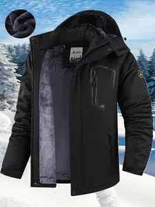Male Long Sleeve Polyester Fiber Softshell Coat - Men's Thick Winter Ski Jacket with Insulated Fleece Lining, Detachable Hood, Adjustable Cuffs, Zippered Pockets, Hand Wash Only, Suitable for Skiing, Snowboarding, Cold-Weather Adventures
