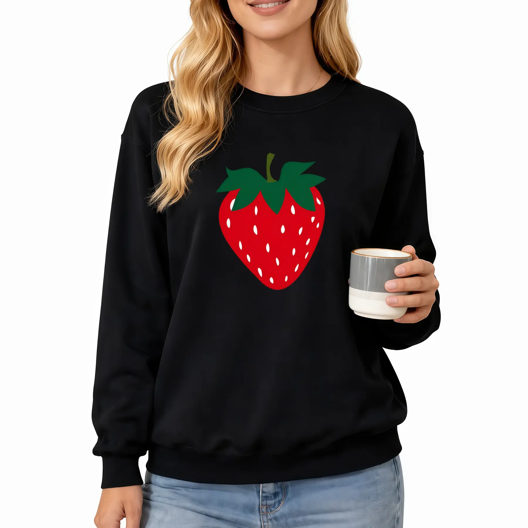 Lightweight Long Sleeve Sweatshirt with Vibrant Strawberry Print – Perfect for Casual Wear, Lounging, or Dining in Comfort