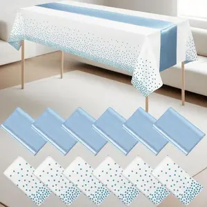 Elegant Disposable Tablecloths and Satin Runners Set, White and Light Blue Dot Design for Wedding Birthday Party Decorations, Waterproof Plastic Table Cover with Matching Satin Runner, Holiday Baby Shower Christmas Celebration Supplies
