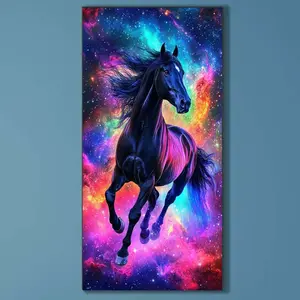 5D DIY Full Drill Round Diamond Painting Kit, Black Horse, Starry Sky Mosaic Canvas DIY Wall Art, Home Wall Decoration Animals