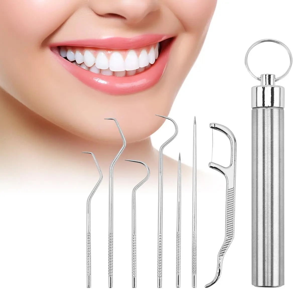 Oceantree Smooth Stainless Steel Oral Care Cleaner Set - 7-Piece Pocket-Size (100g) Pack, Portable Keychain Dental Floss Pick with Storage Solution, Daily Oral Care Essential, Mother's Day Gift