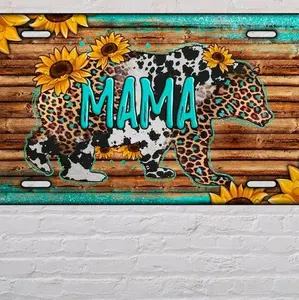 Mama Bear Car License Plate with Sunflowers and Leopard Print Design