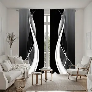 2Pcs Modern Abstract Black White Wave Printed Curtain Panels, Semi Sunshade Polyester Fiber Drapes, Pole Pocket Style for Living Room Bedroom Balcony Kitchen Study Bathroom Window Decoration, Accessory, Anti Privacy, Home Decor, Temu Find.
