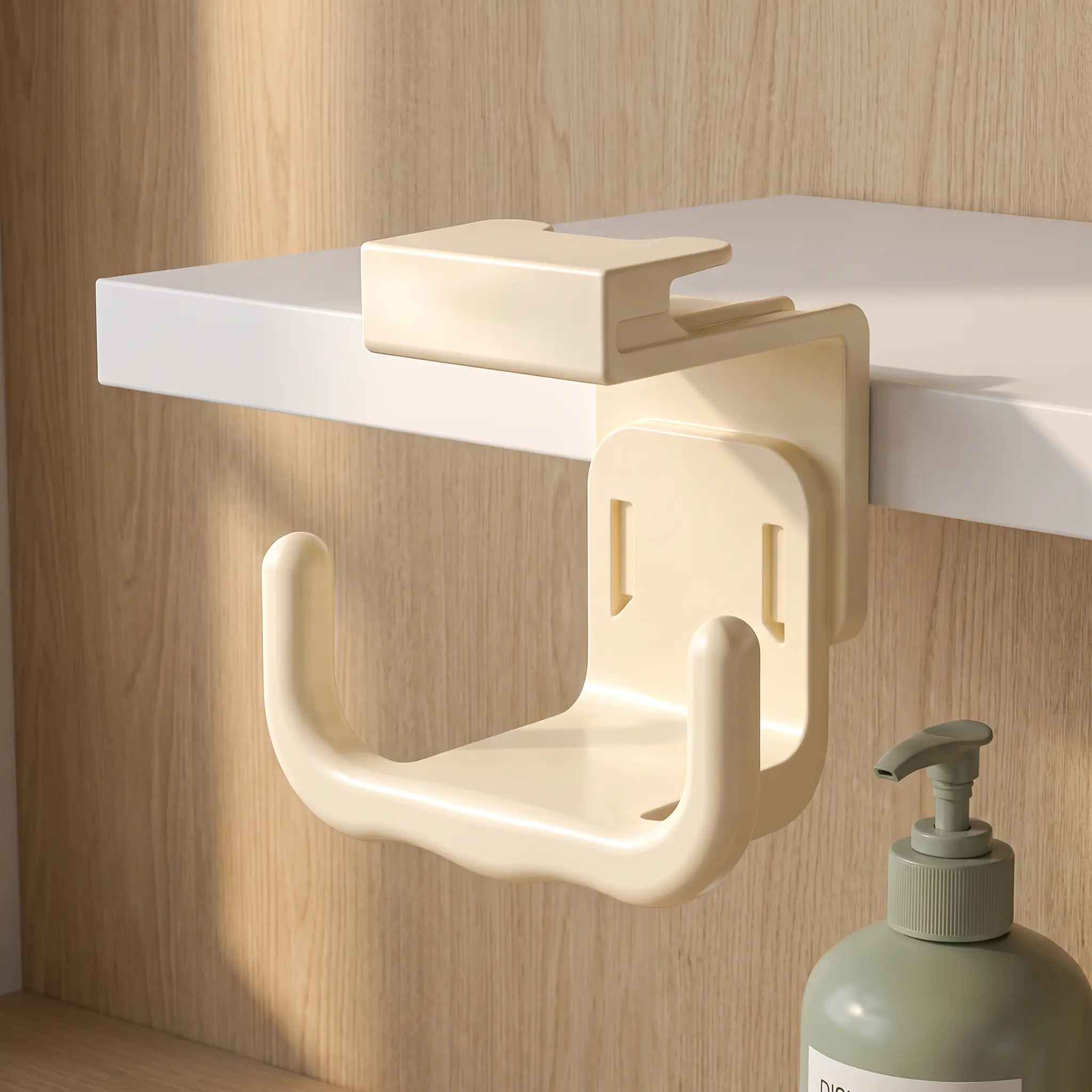 【SummerWins】No-Drill Hanging U-Shaped Paper Towel Holder, Clip-On Snap Design Under Cabinet Dispenser for Kitchen Bathroom Shelf, Space Saving Vertical Roll Organizer, White or Cream Beige