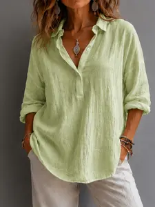 2026 Spring Summer Women's Linen V Neck Shirt, Solid Color Loose Long Sleeve Casual Blouse, Style Fashion Top, Womenswear