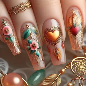 Bohemian Style 3D Feather Heart Nail Art Decoration, 24pcs Luxury Design Flower Design Nails, Perfect for Fashion Accessories & DIY Nails