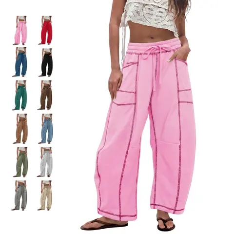 Mundoven Women's High-Waisted Barrel Bottoms - Oversized Wide-Leg Drawstring Sweatpants, Soft Basic Comfortable Lounge Pants, Trouser, Sweats