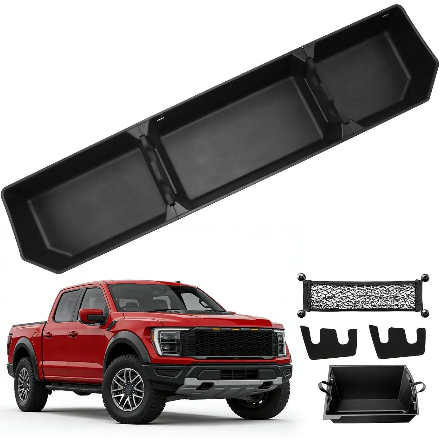 Black Under Seat Truck Seat Organizer Stowing & Tidying for 2015-2025 Ford F150 SuperCrew/Crew Cab & 2017-2025 F-250/350/450/550 Super Duty, All-Season Rear Divider Plastic Storage Bin with Mesh Pocket, Inner Bin to Boost Storage Space, Plastic Storage Bi