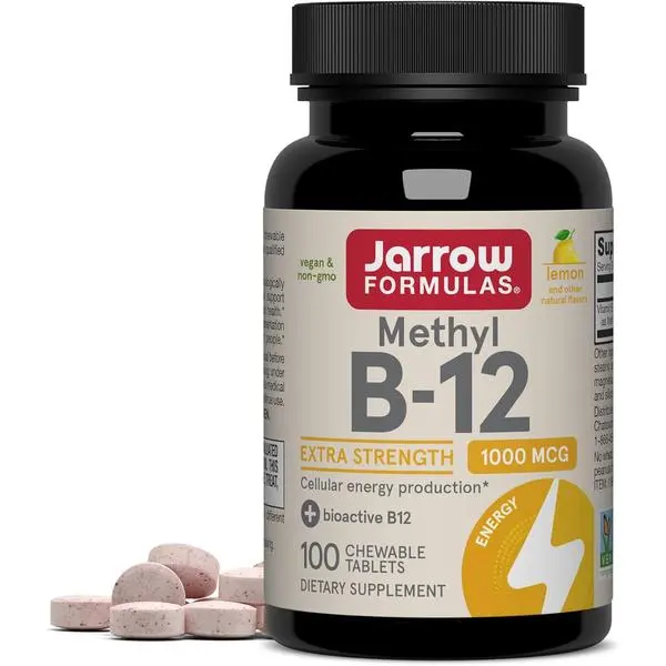 Jarrow Formulas Methyl Vitamin B-12 1000 mcg, 100 Chewable Tablets, Lemon Flavored- Bioactive B12 Vitamin - Supports Cellular Energy Production, Brain Health & Metabolism - 100 Servings