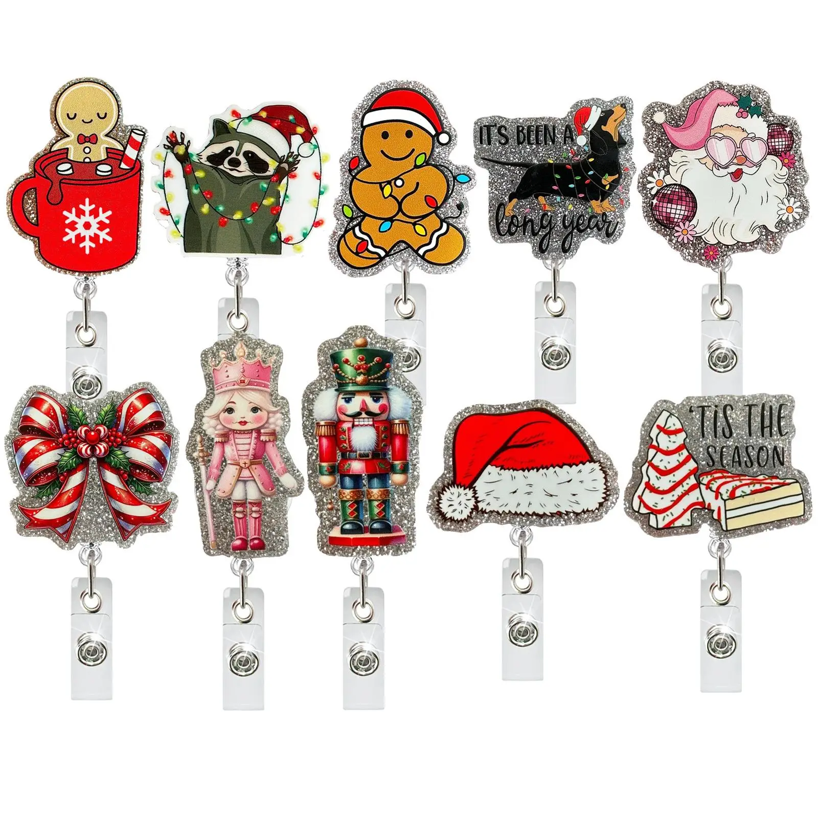 Cute Cartoon Design Retractable Id Badge Holder, 1 Count Christmas Themed Acrylic Glitter Badge Reel, for Office Staff Teacher Doctor Nurse Gifts