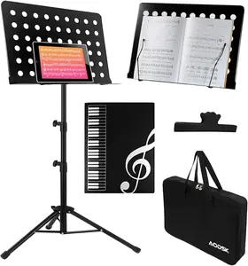 Music Stand, Metal Professional Portable Perforated Sheet Music Stand, Adjustable Music Stand, Equipped with a Carrying Bag, Clip Holder, Music Folder, 2 in 1 Music Bookshelf