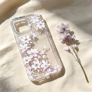 Light Purple Flower Transparent Air Cushion Phone Case All Around Suitable for iPhone17 16 15 14 13 12 X Xs Xsmax Series Mobile Phone Case - All-Inclusive Fashion Flower Design, Elegant And Durable, Precise Hole Position