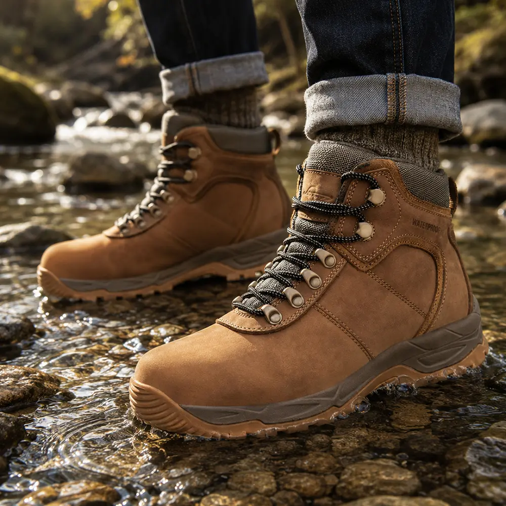 Hiking Boots for Men - Yellow 6" (AZX559) Comfortable Soft Toe Shoes Mid Non Slip Hiking Shoes Outdoor Travel Shoes Leather Waterproof Hiking Boots