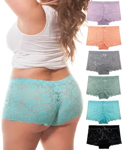 Plus Size Lace Boyshort Panties (Multi-Pack) - Sexy Love Sheer Lady Lingerie Women Nylon Womenswear