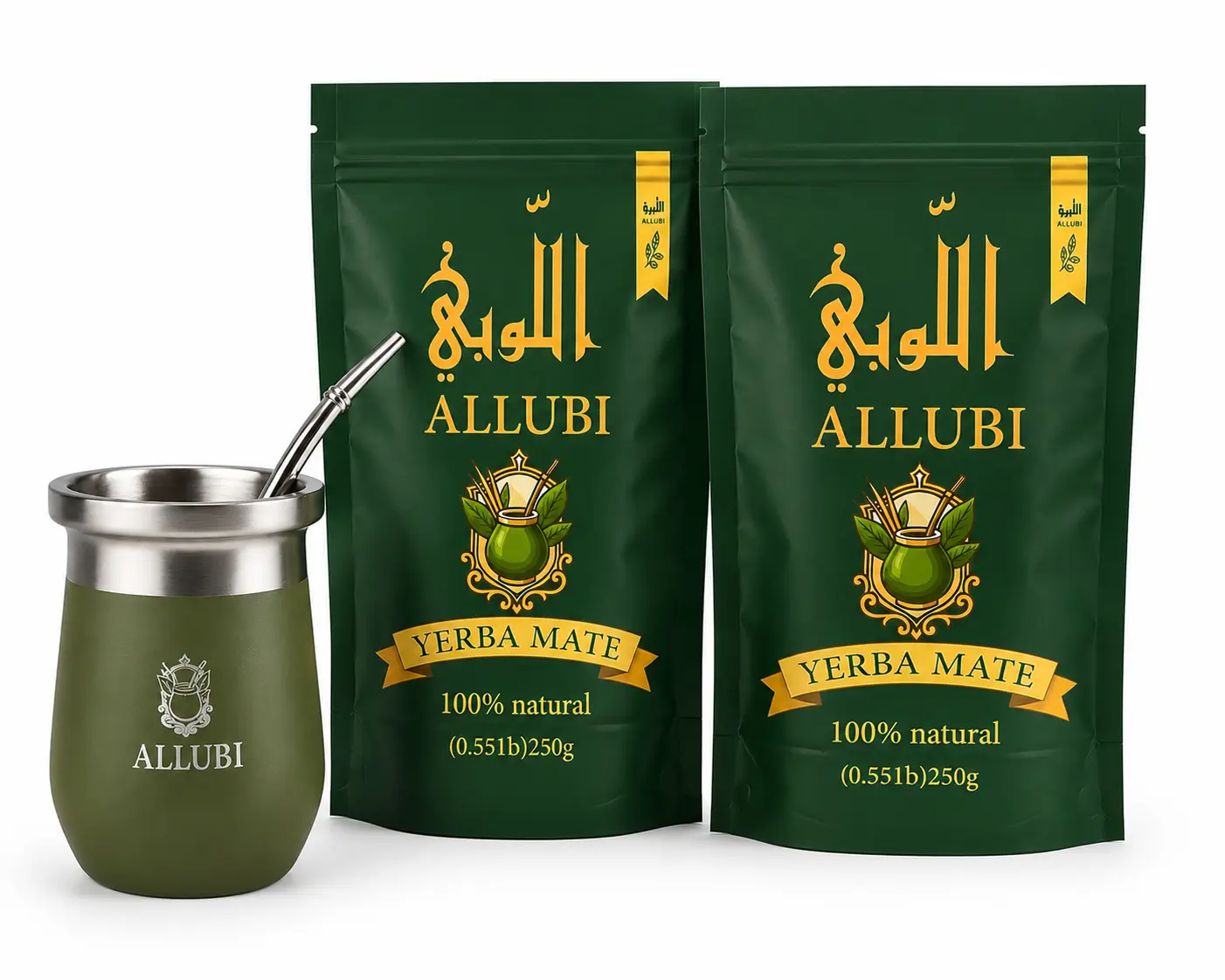 ALLUBI Organic Yerba Mate Tea 2 × 250g & Mate Cup Set, Authentic Paraguayan Loose Leaf, 260ml Double Wall Vacuum Insulated Stainless Steel Cup, Includes Bombilla Straw