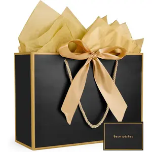 Large  Bags for Present, 1 count  Bags for Women Men with Tissue Paper and Cards,  Bags for Birthdays,  Shower, Wedding, Anniversary 14.2" x 9.8" x 4.7" (Black- )