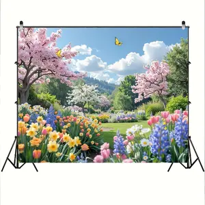 1pc Reusable Polyester Vibrant Spring Meadow Floral Print Photo Backdrop - Decorative Banner with Butterfly Props, Birds, Colorful Flowers for Birthday, Living Room Home Decor