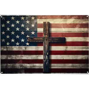 Metal Tin Sign Christian Cross USA American Retro Patriotic Wall Decor Man Cave Bar Pub Independence Day 4th Of July Decorations