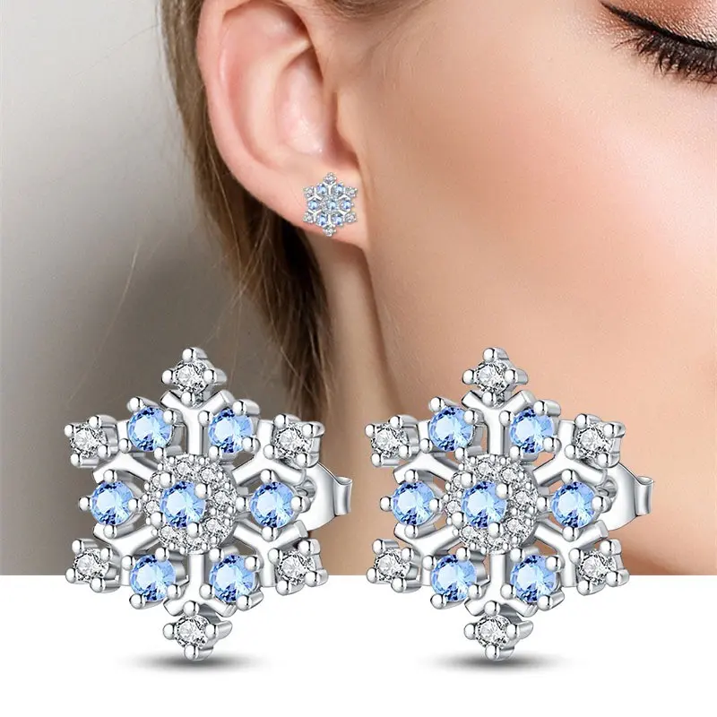Snowflake Stud Earrings, 925 Sterling Silver with Blue Cubic Zirconia, High Quality Non-Tarnish, Nickel Free Earrings Jewelry for Women, High Quality Earrings
