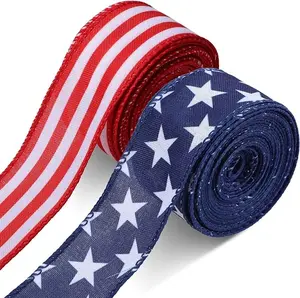 2 Rolls 20 Yard Red White and Blue Ribbon Patriotic Star and Striped Wired Ribbon Royal Blue USA Ribbon DIY Crafts for 4th of July, Independence Day, Memorial Day (Red, Beige, White, Blue, 1.5 Inch)