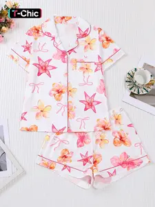 Women's Floral Bow Print Sleepwear Pajama Loungewear Set, Short Sleeve Button-Up Top & Elastic Shorts, Casual Homewear, Party