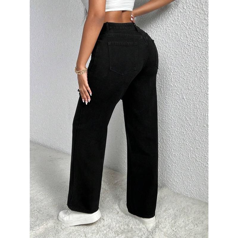 SHEIN SXY Single Button Cut Out Ripped Frayed Wide Leg Jeans