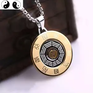 Rotating Yin Yang Bagua necklace, paired with Nine Palace Bagua and Nine True Words - Fashion stainless steel 316L pendant, uncoated - Feng Shui Taoist jewelry suitable for both men and women
