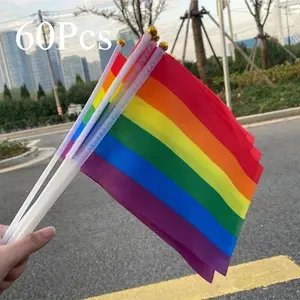 60pcs of Sturdy Rainbow Pride Flags - Resistant to Fading, Versatile Handheld Banners Supporting LGBTQ+, Ideal for Parades And Events, Featuring a Rainbow Design, a Six-Color Spliced Flag, And a Multi-Colored Waving Flag