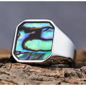 Blue and green abalone shell  RING - Silver - size 10
