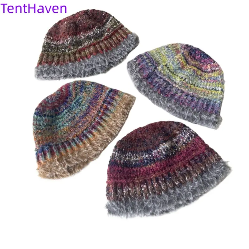 Women's Retro Gradient Bucket Hat, Cozy Knit Yarn with Tassel Fringe, Warm Ear Protection for Autumn Winter Outdoor Sports, Cotton Blend, Gradient Yarn, Females, Casual, Adults, All Seasons
