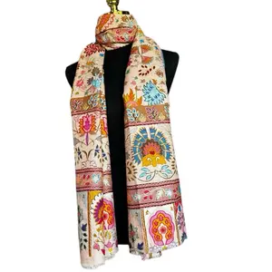 Kalamkari Cashmere Wool Shawl - Colorful Design with Floral and Geometric Elements, Perfect for Layering and Comfort