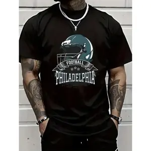 LocalPhiladelphia Men's Philadelphia Graphic-Shirt- Short Sleeve Round Neck Tee with Helmet Print, Street Style Casual Sports Training, Running& Outdoor Activities (Black, Regular Fit), Digital Heat Transfer