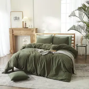 Bed Set Solid Color Washed Olive Green White Cotton Duvet