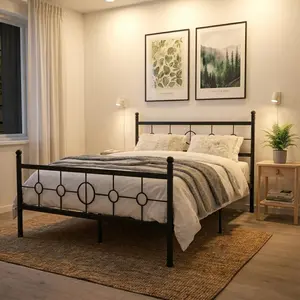 Heavy-Duty Metal Bed Frame with Vintage Round Headboard & Footboard – Platform Bed, No Box Spring Needed, Noise-Free, Easy Assembly, Black