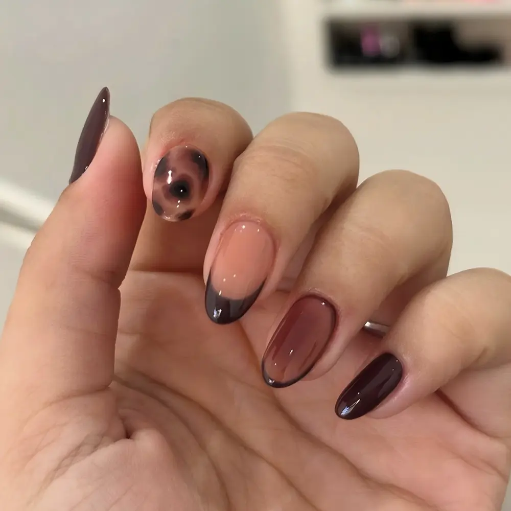24pcs Almond Shape Gradient Tortoiseshell False Nails, Almond Fake Nails, French Tip Nails, Removable Nail Tips, Half Handmade, Includes Nail File and Gel, Nail Art, Nail Art Design