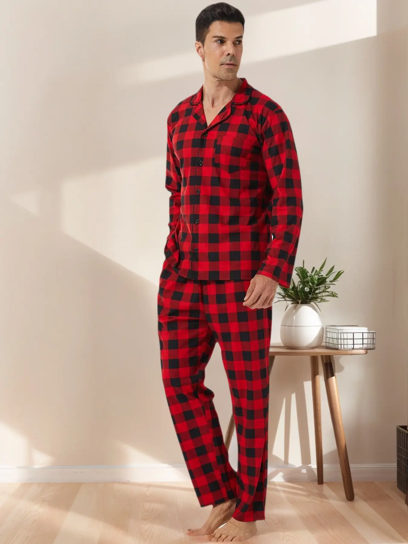 Men's Plaid Print Button Front Pocket Top & Pants Loungewear Two-piece Set, Casual Comfy Long Sleeve Lapel Neck Top & Pocket Pants Lounge Set, Men's Loungewear for Spring & Fall
