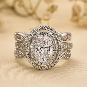 Louily Jewelry 2.0ct Gorgeous Double Halo Oval Cut Insert Wedding Ring Set, 925 Sterling Silver Promise Ring