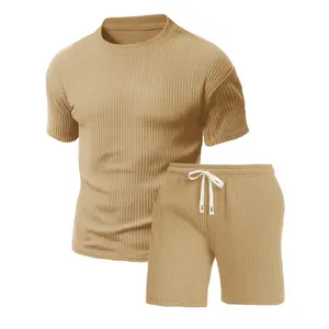 Rib-Knit Texture Co-Ord Set Mens Premium Breathable 2 Piece Outfit with Vertical Rib Weave Detail and Drawstring Elastic Waist Shorts for Casual Daily Wear and Lounge Sessions