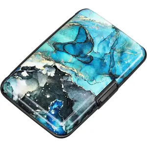 RFID Blocking Credit Card Protector Aluminum ID Case Hard Shell Business Card Holders Metal Wallet for Men or Women (Graygreen Marble)