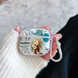 Western Charm Collage Pattern Protective Case for AirPods 4/3/2/1/Pro/Pro2 Soft TPU Earphone Cover, Transparent with Keychain