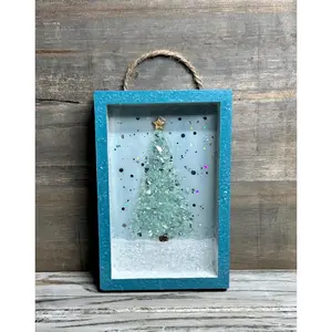 5x4 Wooden Christmas Shadowbox, Glistening Christmas Tree Wall Hanging, Minimalist Ornament, Farmhouse Style Tabletop Framed Holiday Picture