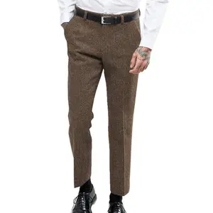 Men’s Retro Dress Suit Pants – Thick Wool, Flat Front, Herringbone Tweed