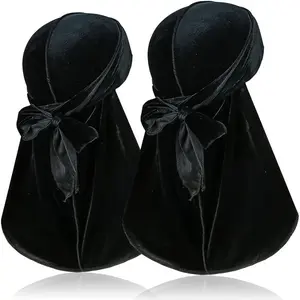 2pcs Velvet Men Durag Headwraps With Extra Long Tail And Wide Straps For 360 Waves