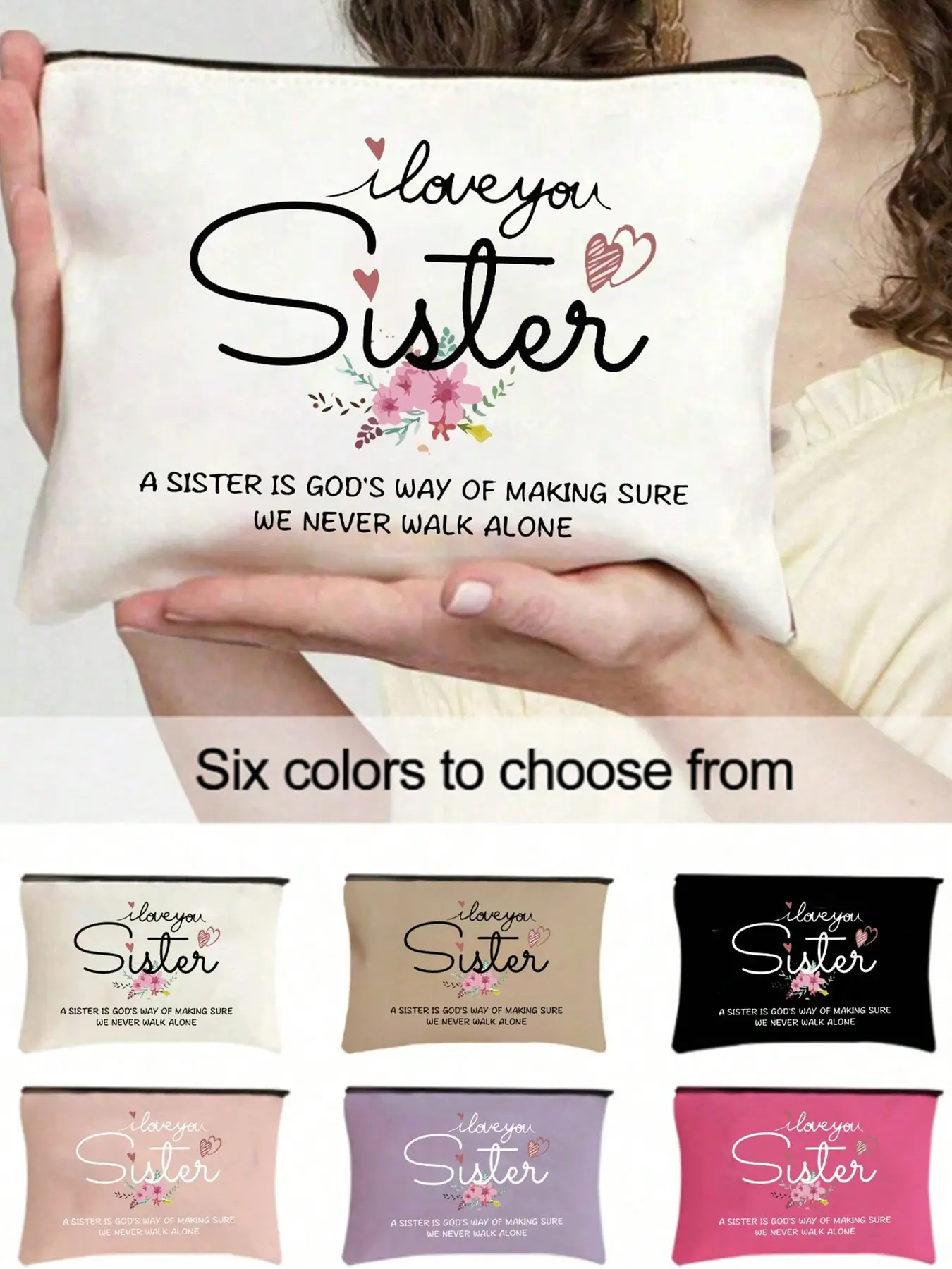 Personalized I Love You Sister Zipper Pouch, Cosmetic Pouch, Floral Design, Big Capacity, Lightweight Foldable, Makeup Organizer, Ideal Gift