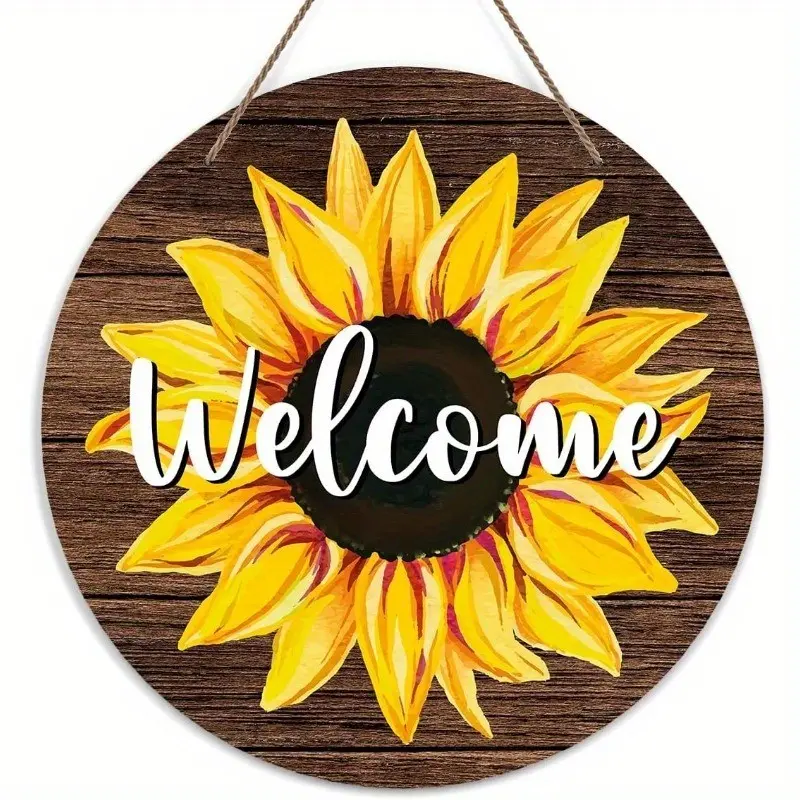 Welcome Sign for Front Door, Round Wooden Plaque with Sunflower Design, Rustic Summer Outdoor Decor, Charming Entryway Hanging Sign
