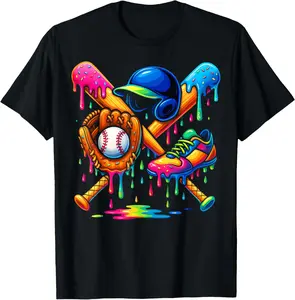 Baseball Drip Boys Ice Cream Youth Sweet Bat Cleats Glove T-Shirt - Crewneck Cotton Fabric Men Woman Young Boys Girl T-shirt