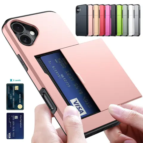 [Free/ship] For iPhone 17 16 Pro Max 15 14 Plus 13 12 Mini 11 Pro XS XR 78 Plus SE 2020 New Design Heavy Duty Case STORAGE holds 3 cards slide card Slot Holder Wallet Shockproof Bumper Hard Cover